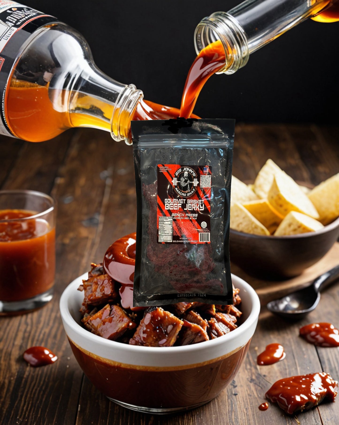 "Bench Press" Beef Jerky - Whiskey BBQ Brisket, (3oz) High-Protein Snack