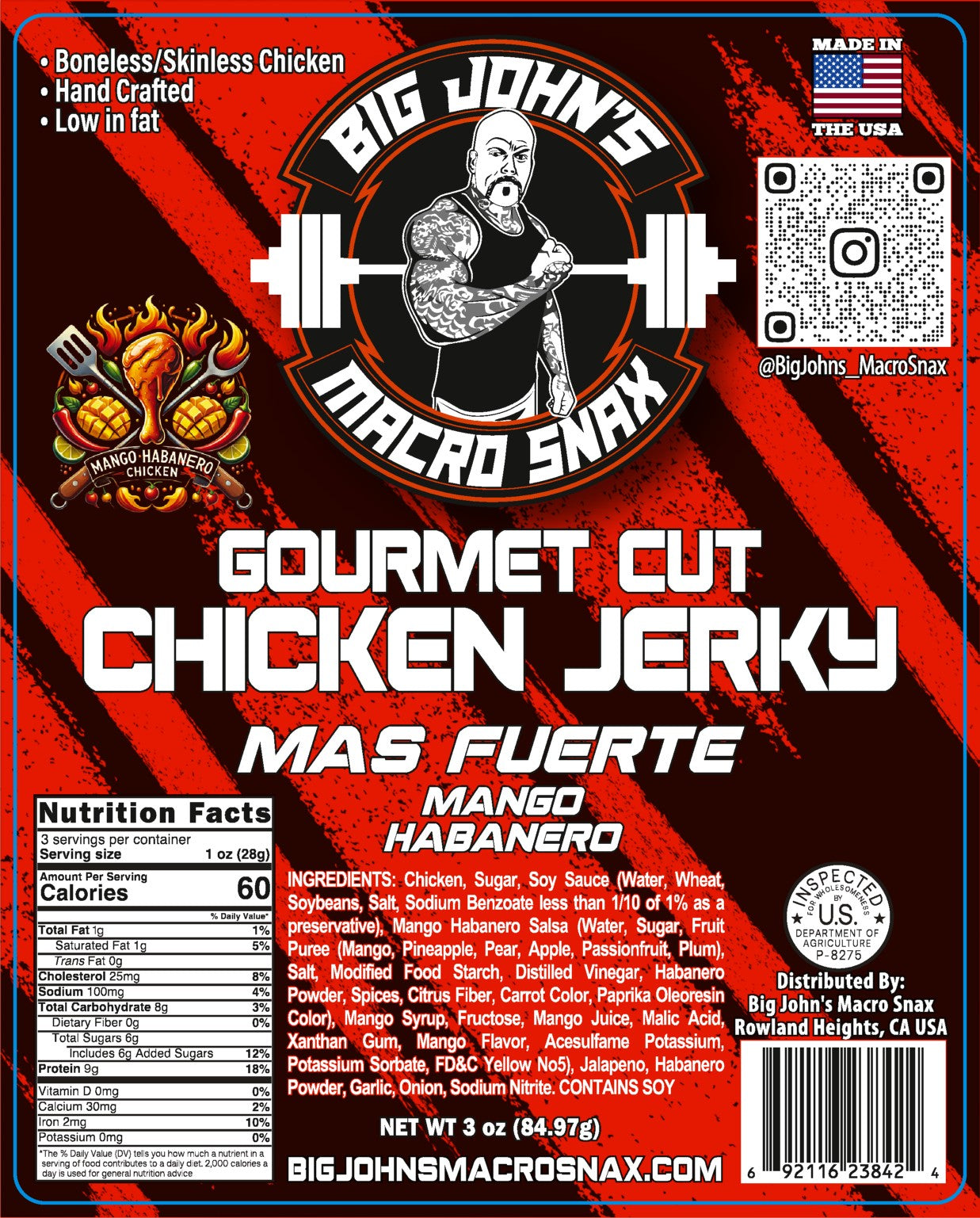 "Mas Fuerte" - Mango Habanero Flavored Chicken Jerky (3oz) High Protein Premium Snack