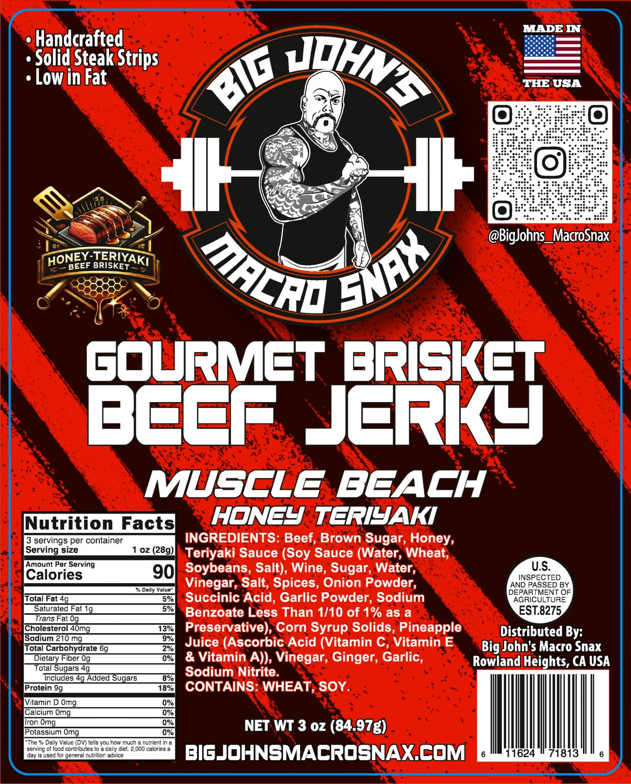 "Muscle Beach" Honey Teriyaki Brisket Beef Jerky - (3oz) High Protein Snack