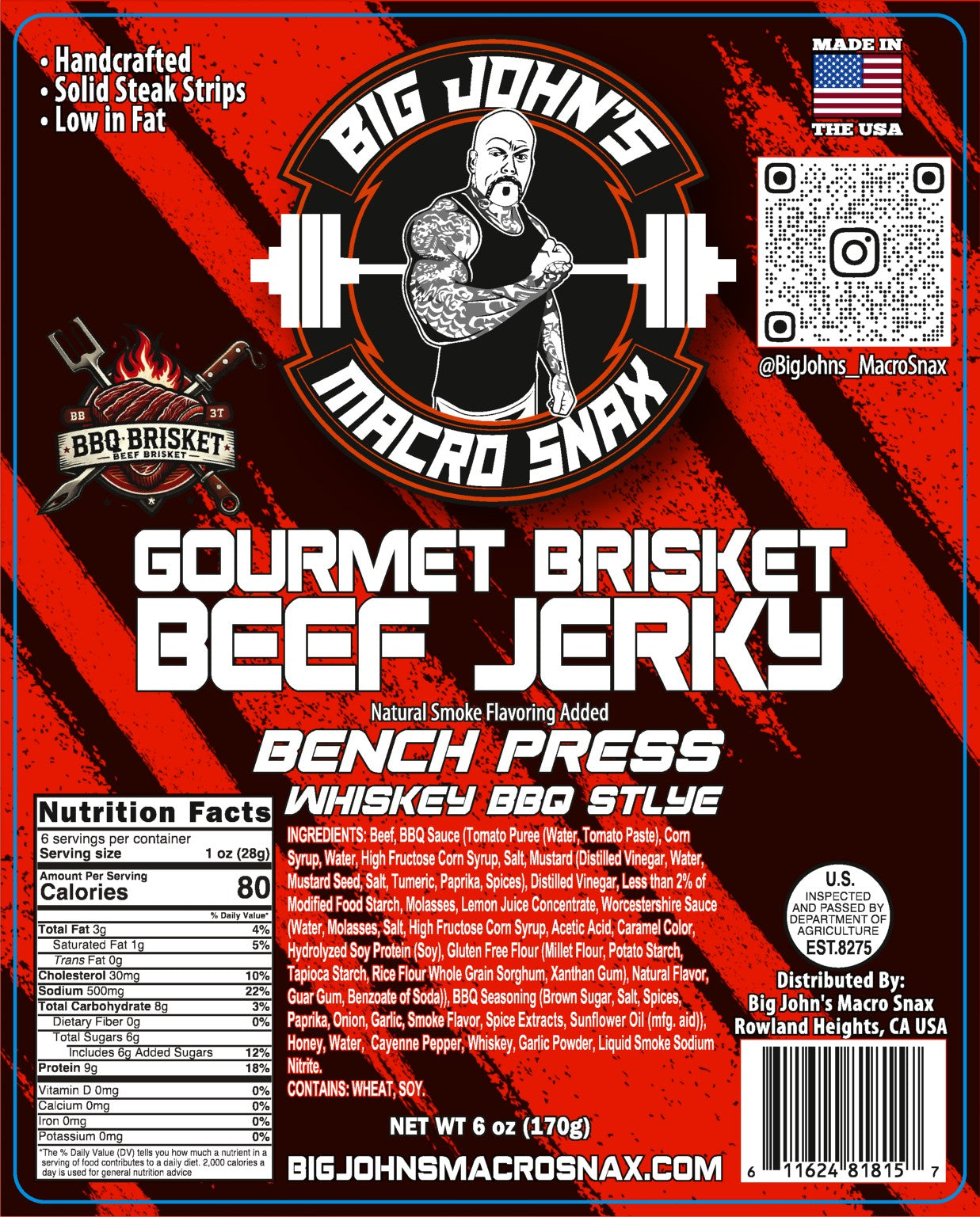 "Bench Press" Beef Jerky - Whiskey BBQ Brisket, (6oz) High-Protein Snack