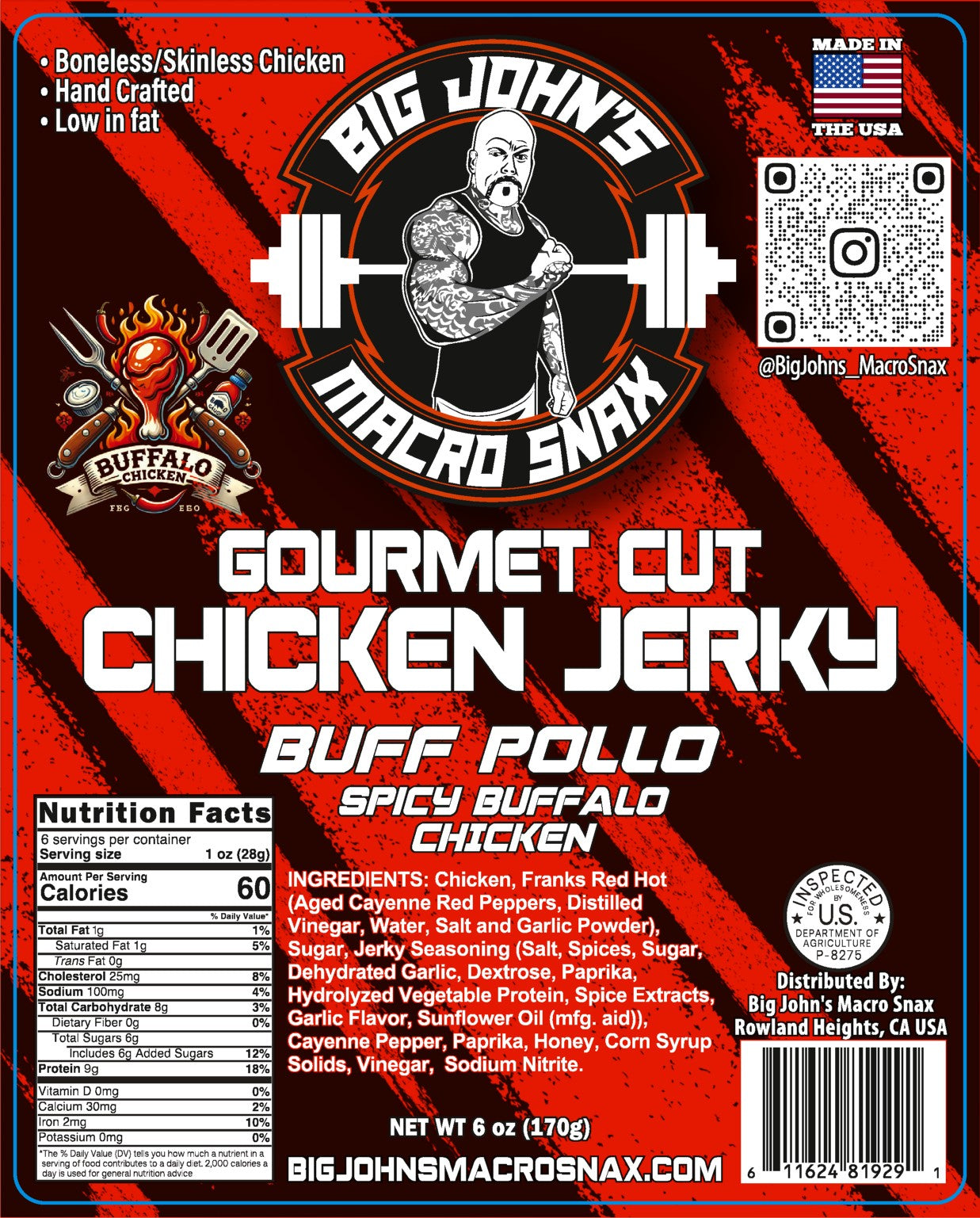 "Buff Pollo" - Buffalo Flavored Chicken Jerky (6oz) High Protein Premium Snack