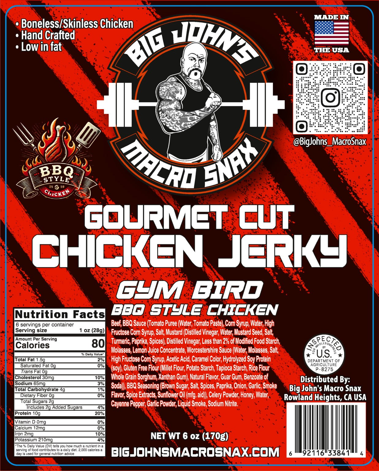 "Gym Bird" BBQ Style Chicken Jerky - (6oz) Premium Jerky High Protein Snack
