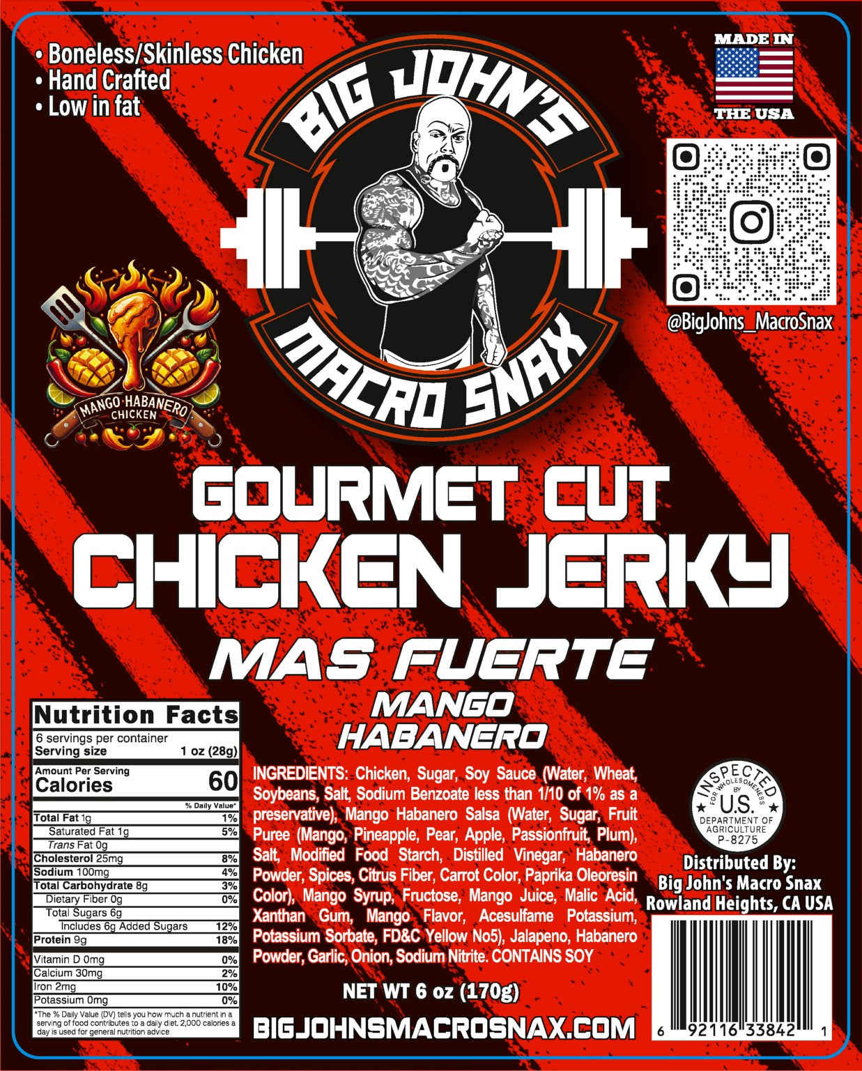 "Mas Fuerte" - Mango Habanero Flavored Chicken Jerky (6oz) High Protein Premium Snack