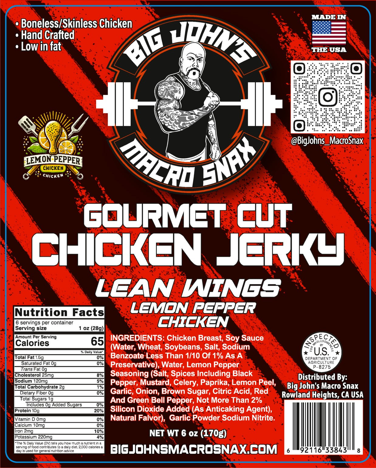 "Lean Wings" Lemon Pepper Chicken Jerky - (6oz) Premium Jerky High Protein Snack